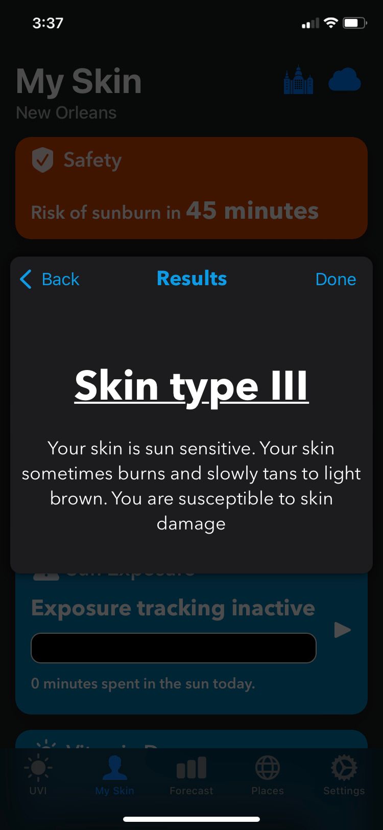 UV Index Widget app skin type