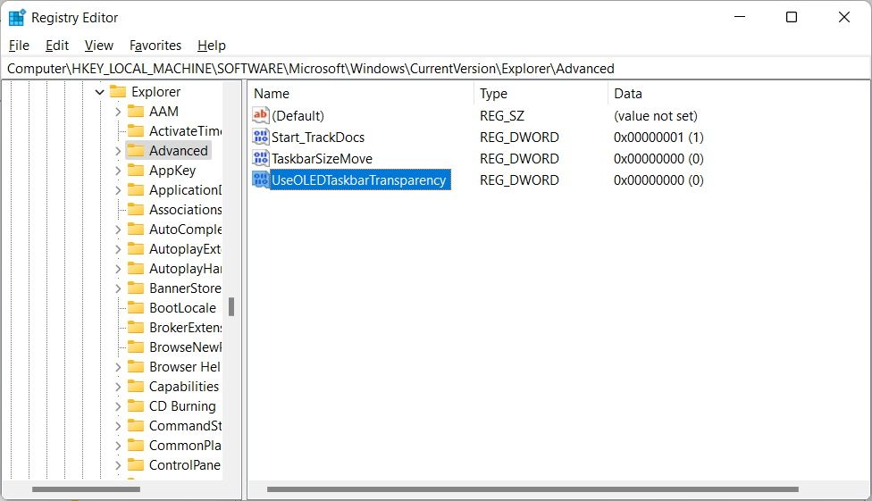the useoledtaskbartransparency entry in the windows registry editor