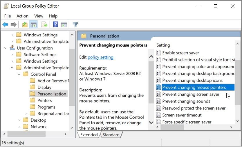 Using the Local Group Policy Editor to Disable the Mouse Pointer Settings