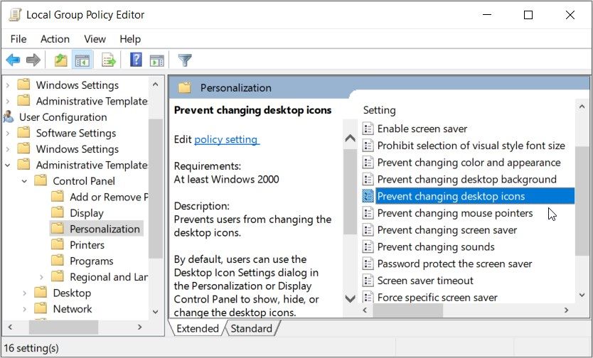 Using the Local Group Policy to Prevent Others From Changing Desktop Icons