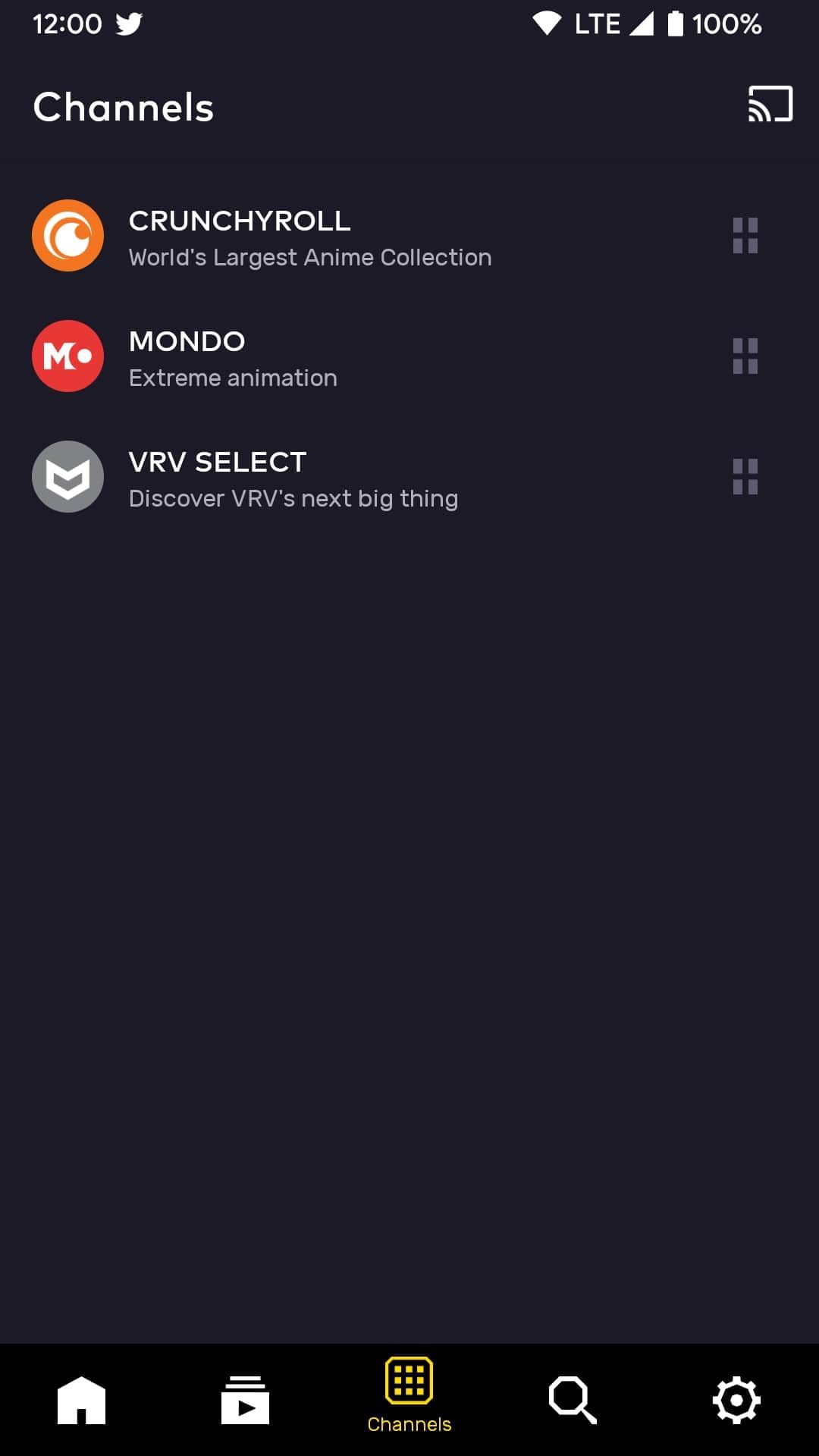 VRV app's Channels page showing Crunchyroll, Mondo, and VRV Select channels