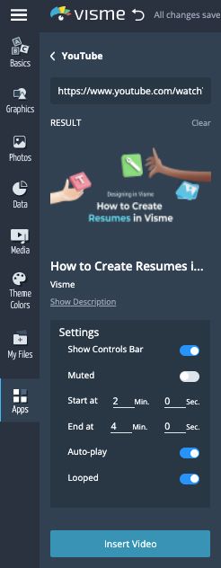 Visme App Integration YouTube Video Embed Controls Screenshot