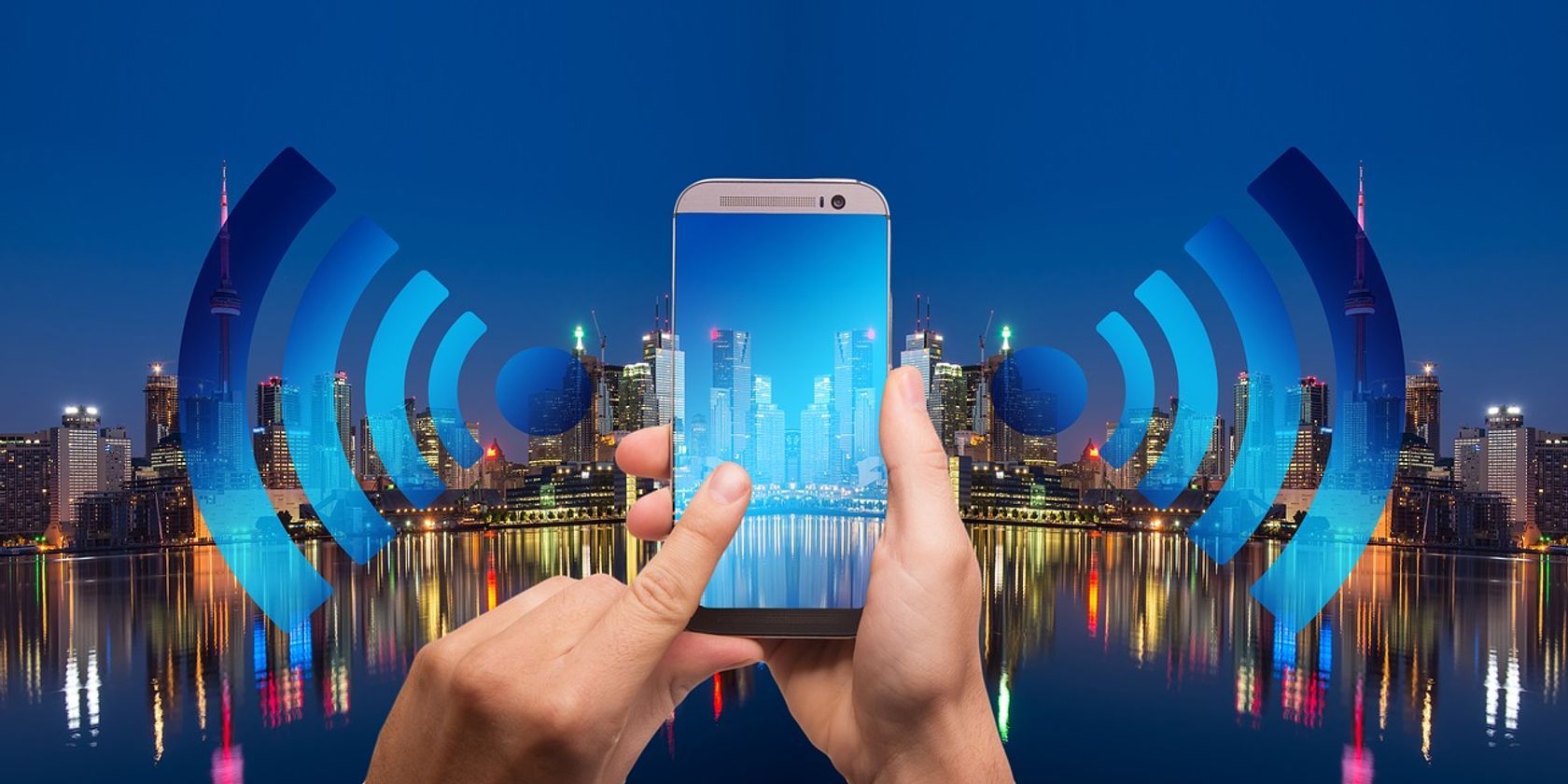 Smartphone VoLTE network on a cityscape background