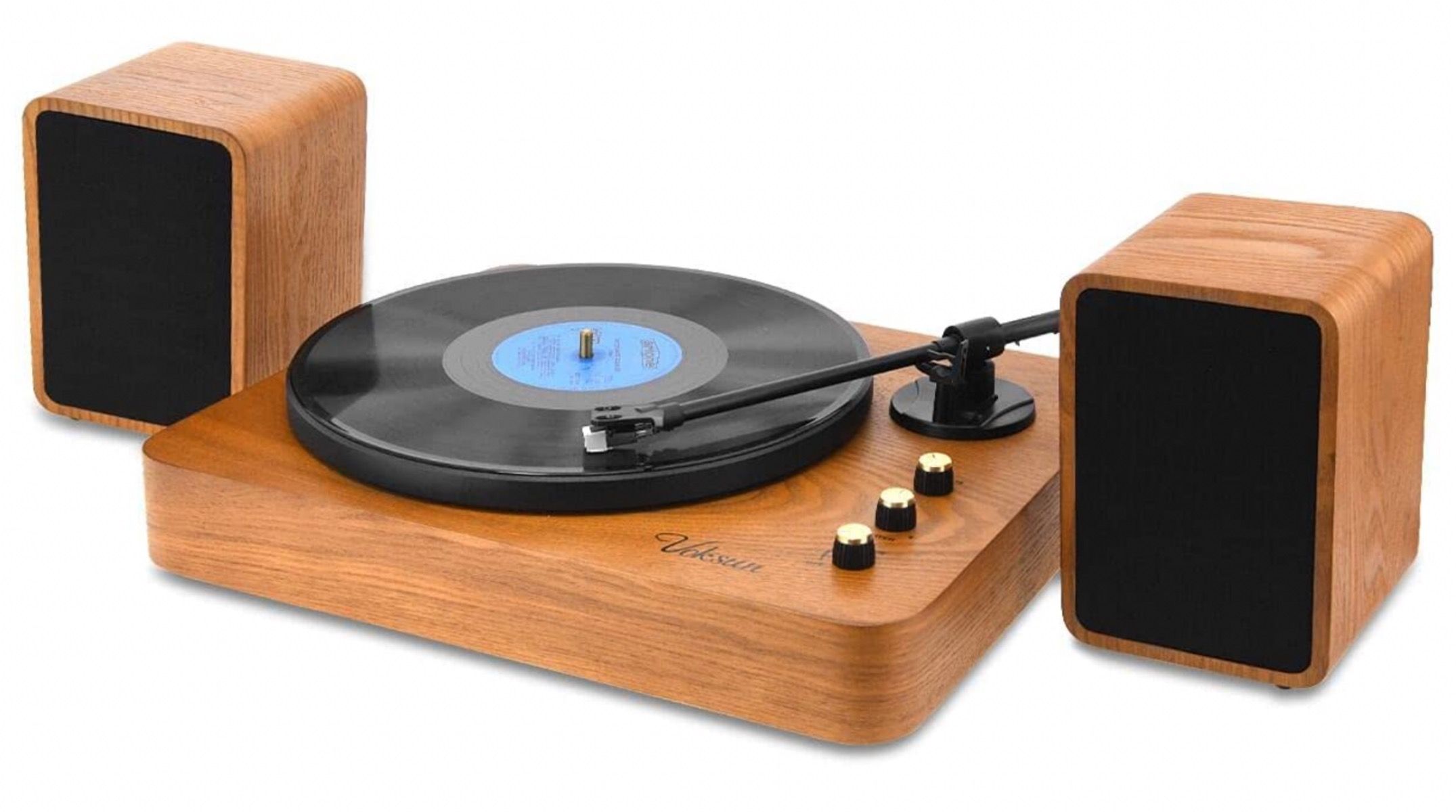 Full shot of the woof-finished Voksun Precision turntable with speakers