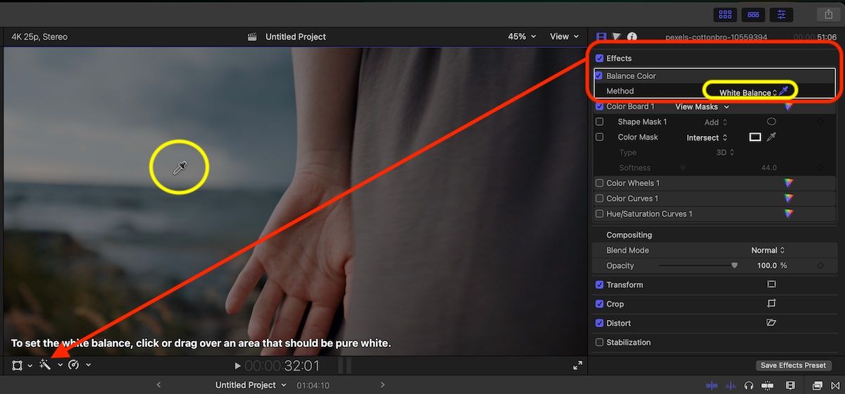 Screenshot of FCP showing a close up of a woman's hand at the beach and color correcting settings marked with shapes