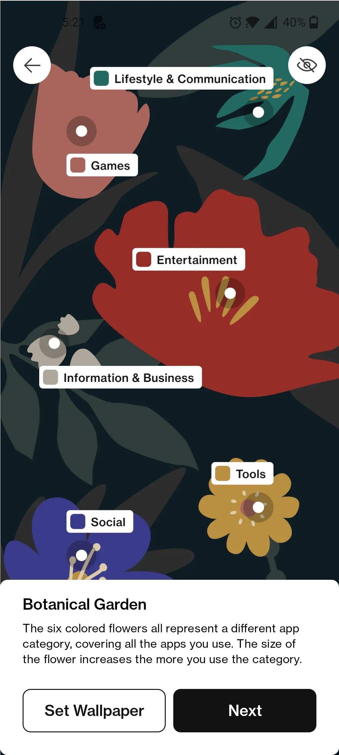 Botanical garden wallpaper displaying different app categories