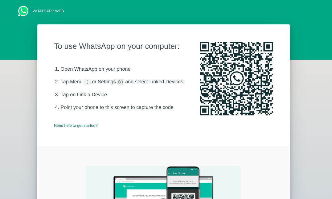 WhatsApp Web Home Page for Scanning the QR Code