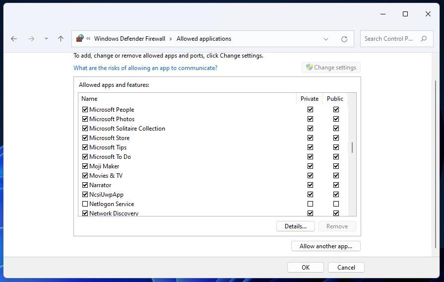 Windows Defender Firewall's allowed app settings