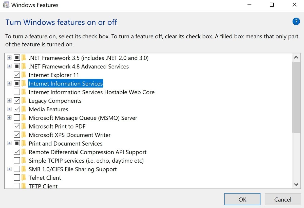 IIS enabled in Turn Windows Features on or off menu