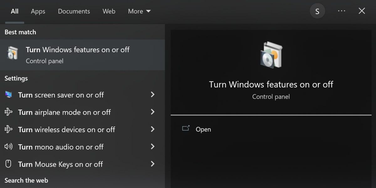 Turn Windows Features on or off in the search bar