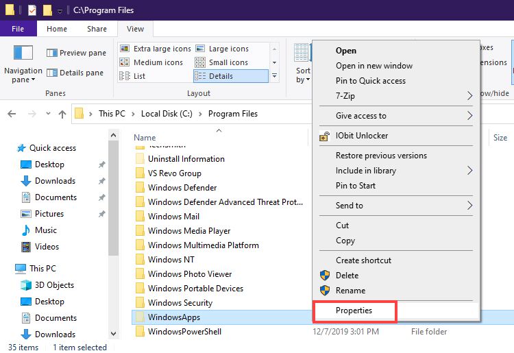WindowsApps Properties Option