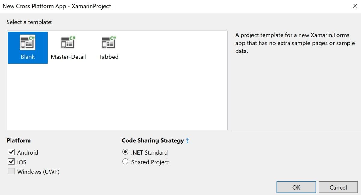 Blank Xamarin project template selected