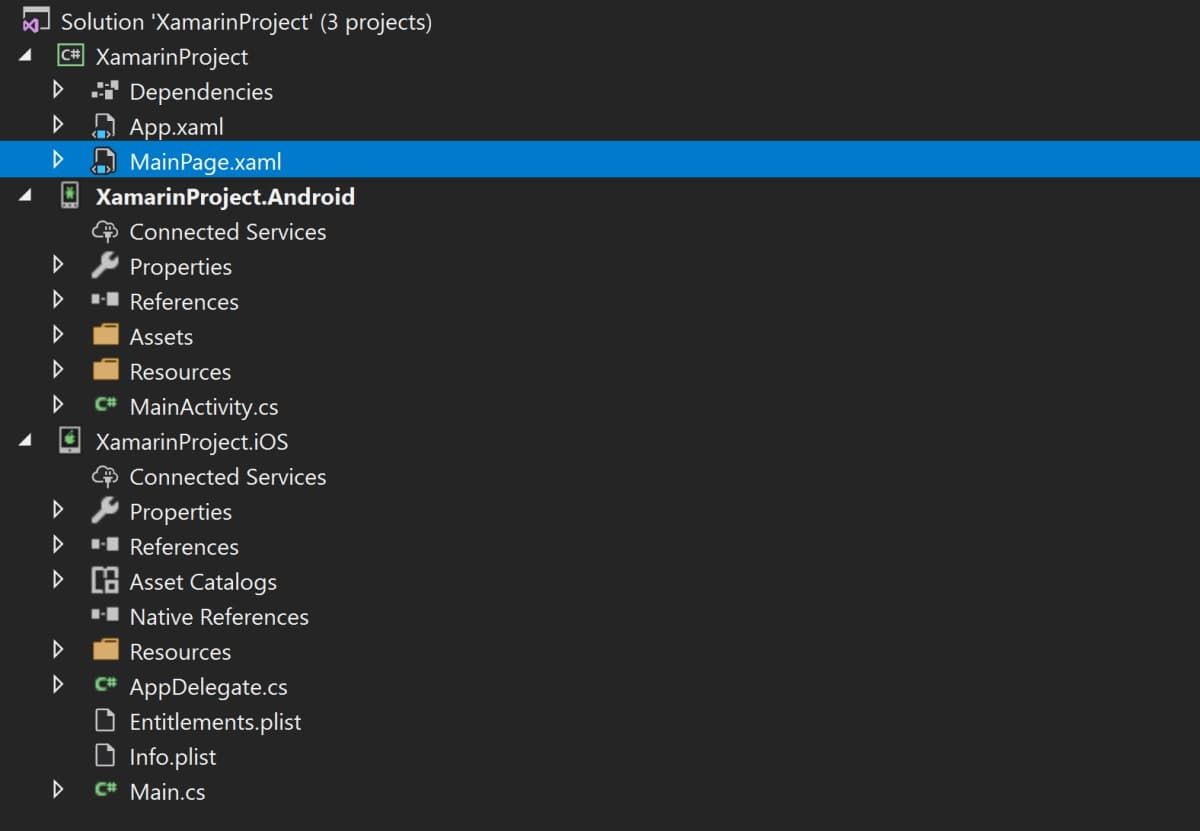 File structure of a new Xamarin project