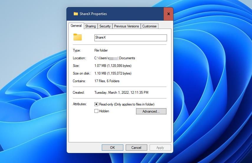 A folder's properties window