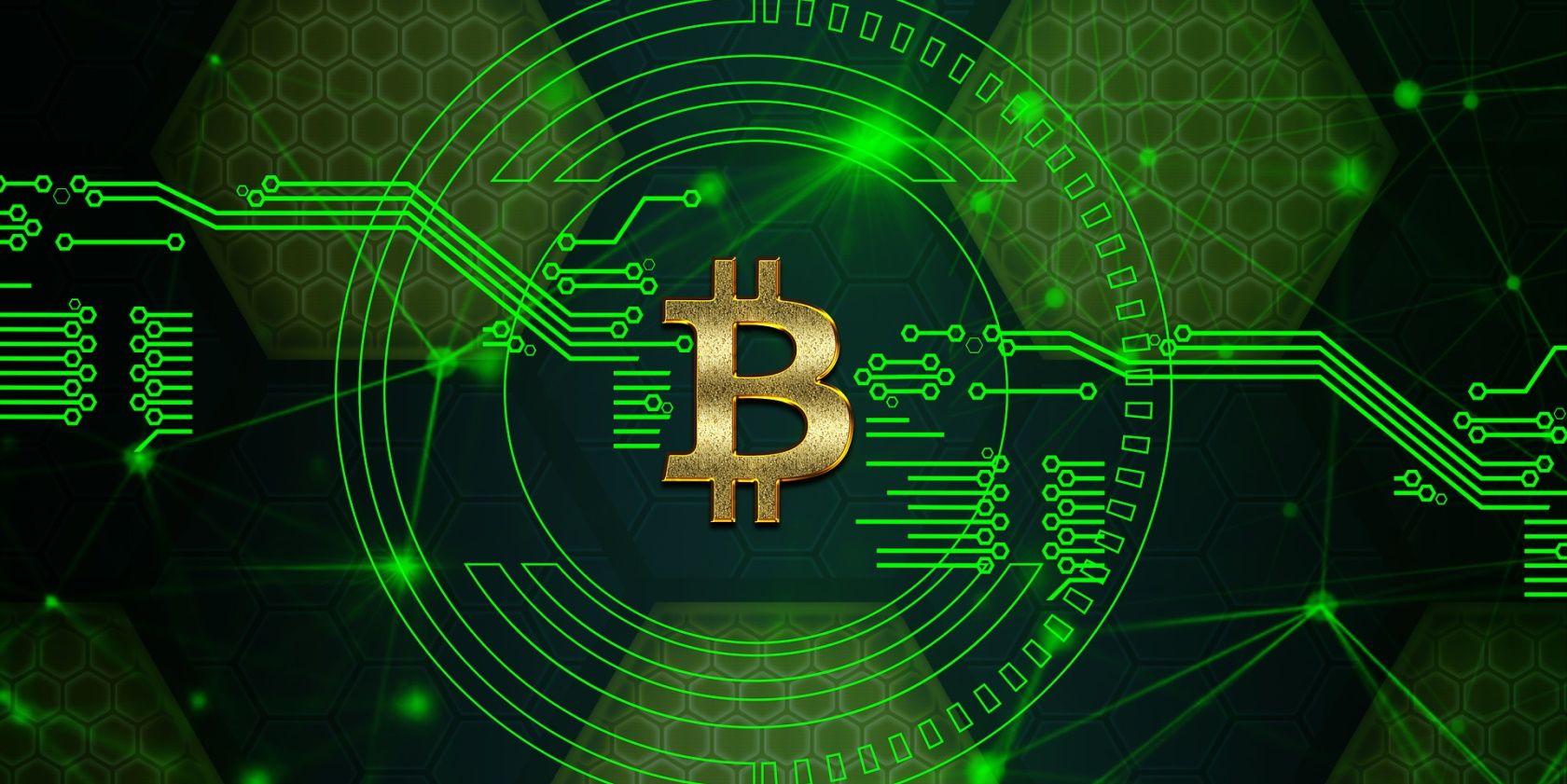 a picture showing bitcoin sign in a green light structure