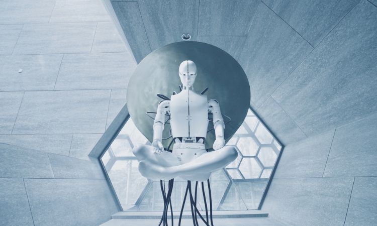 a white robot floating in a hexagon room