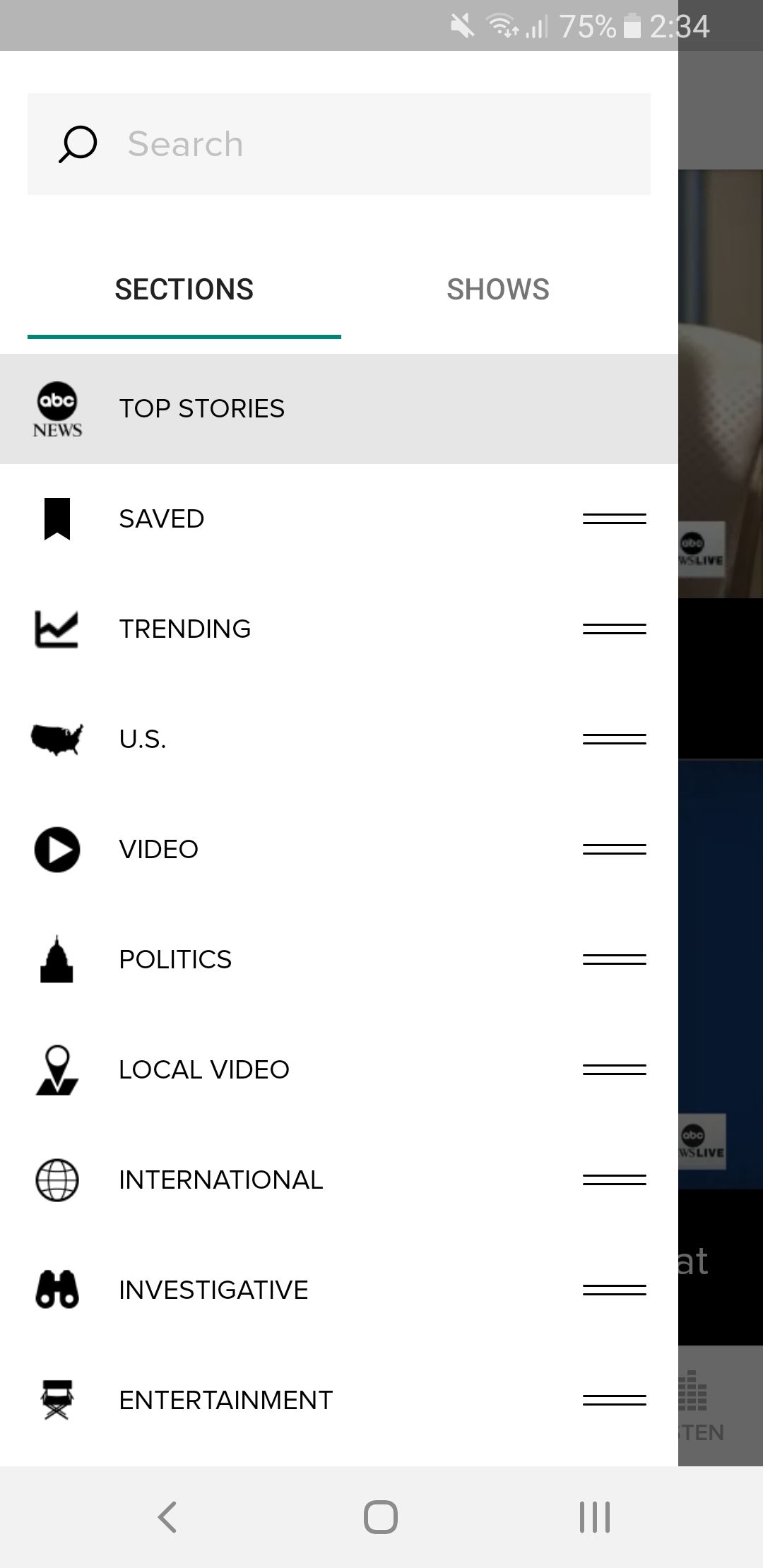 ABC News app section menu screen