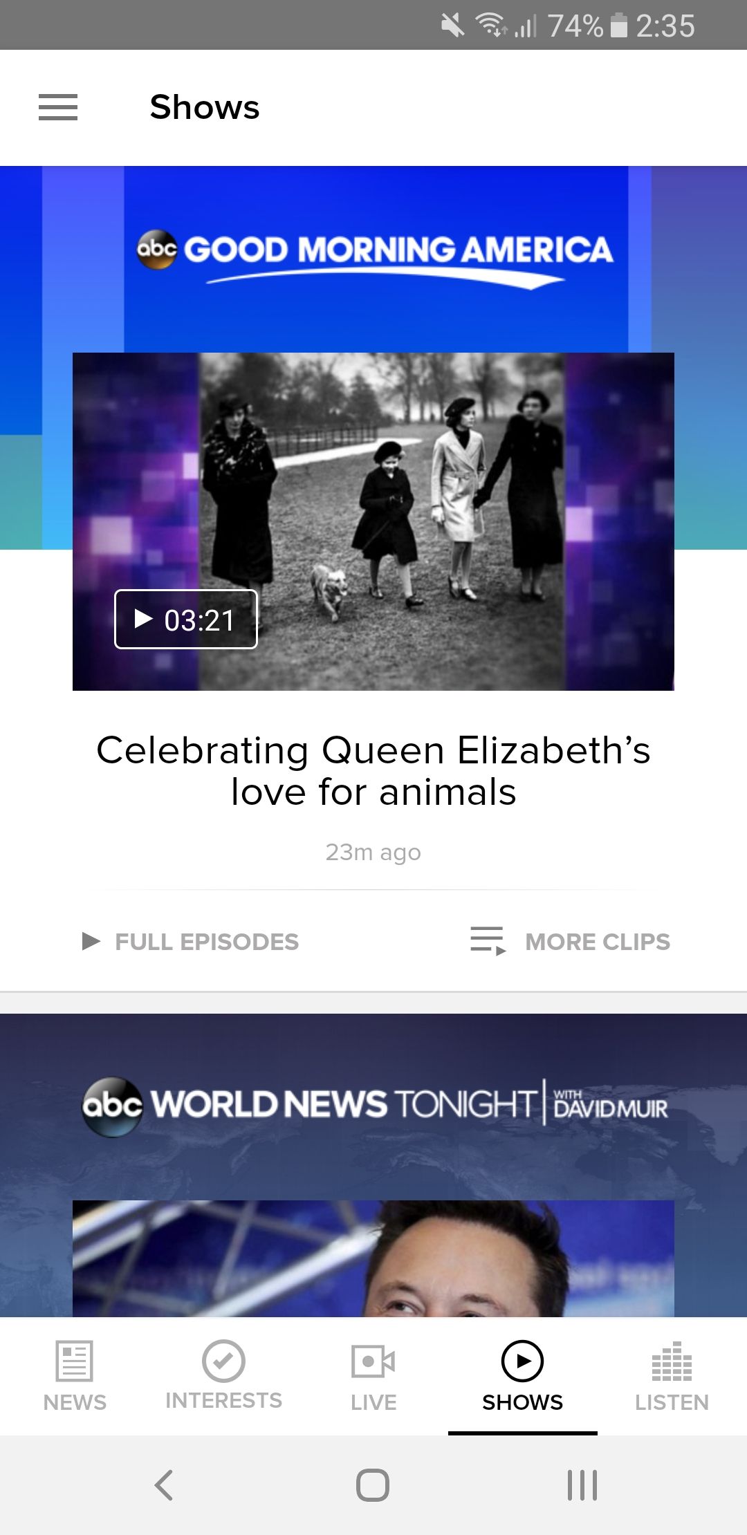 ABC News shows screen in app