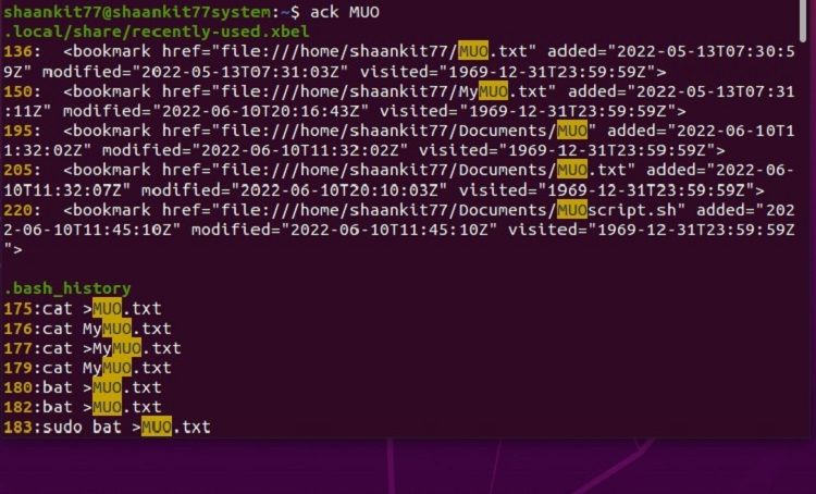 ack command in Linux terminal