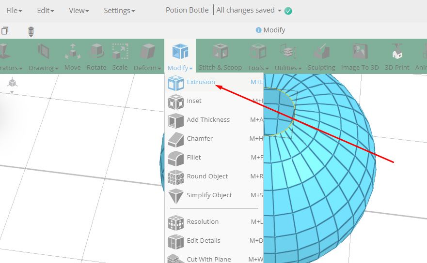 Choosing the extrusion tool of SelfCAD from the modify section of the toolbar