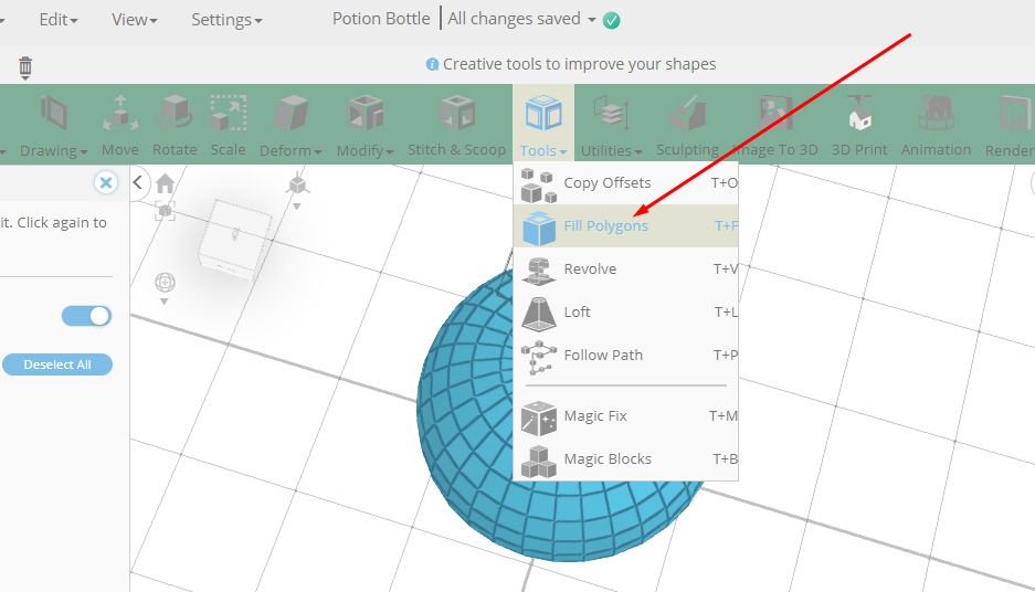 Choosing the fill polygon tool of SelfCAD from the tools section