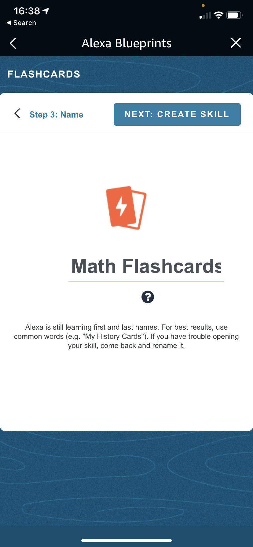 صفحه نام تنظیم Flashcards الکسا