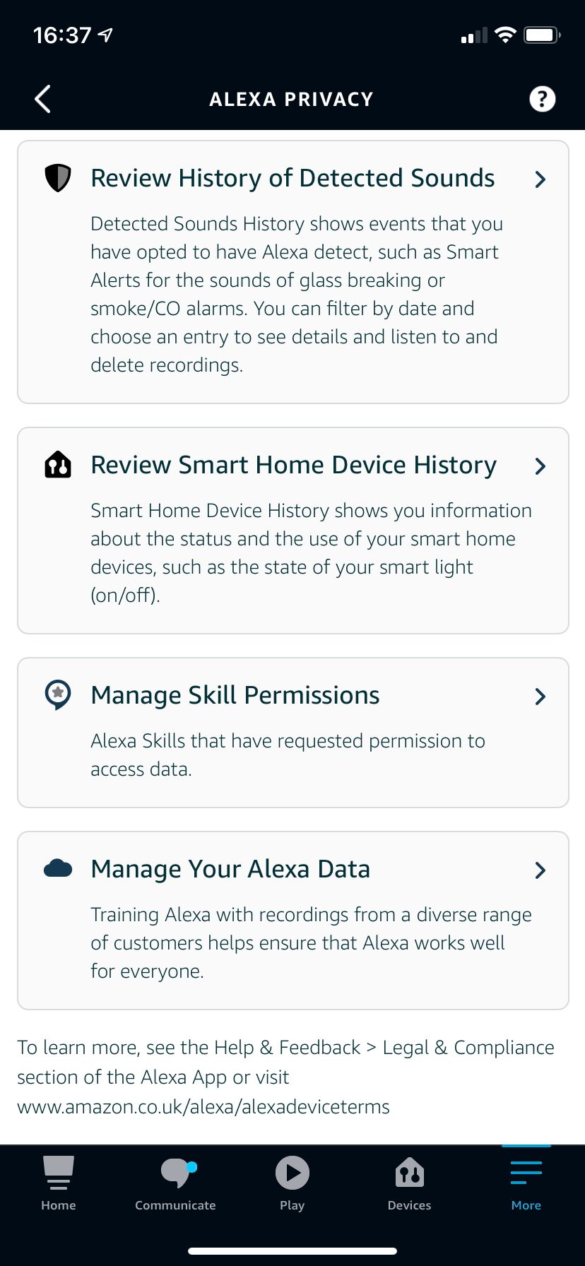 Alexa settings for privacy showing manage data/permissions