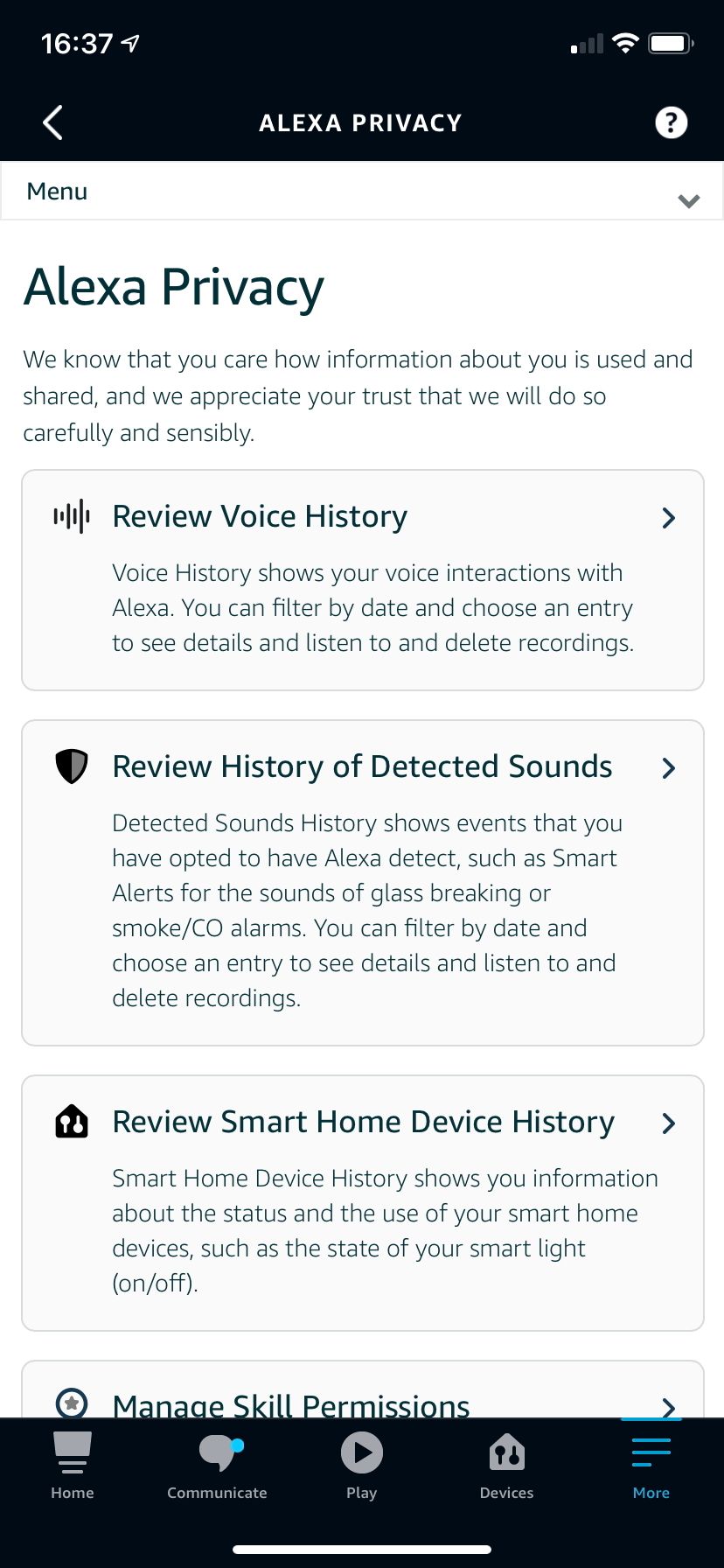 Alexa settings page for privacy