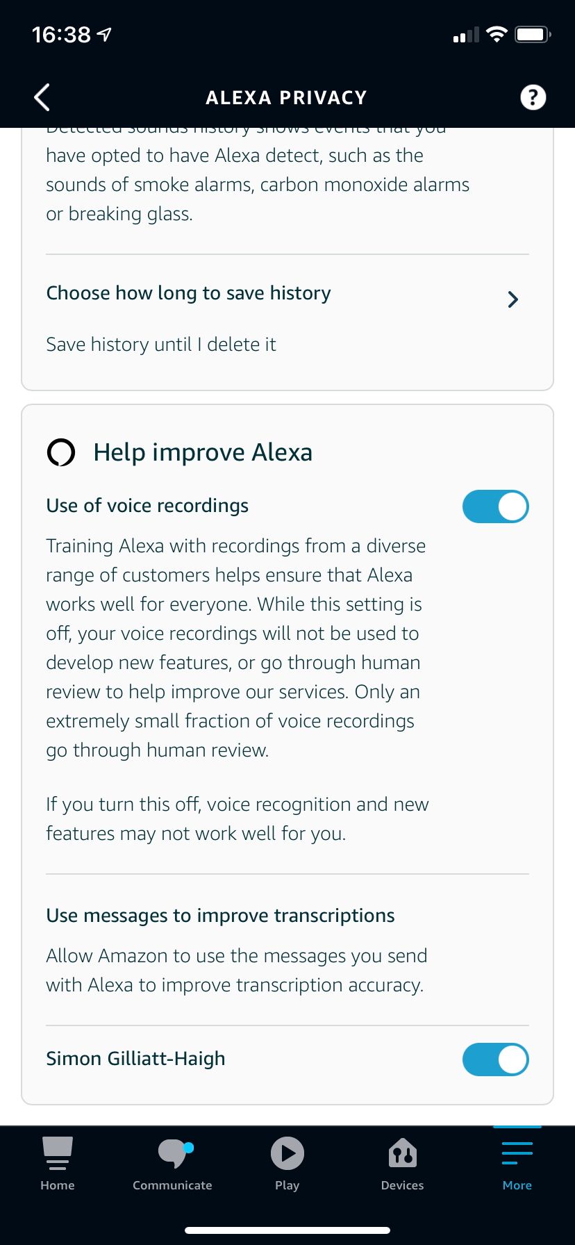 Alexa settings page for quality monitoring