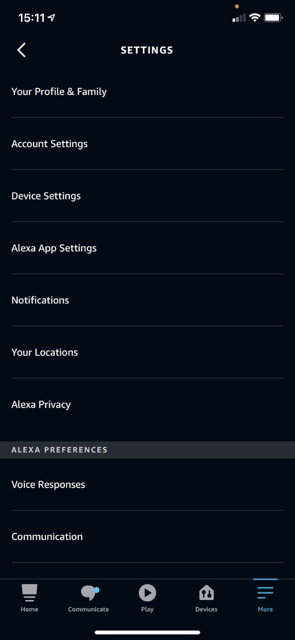 Alexa settings menu