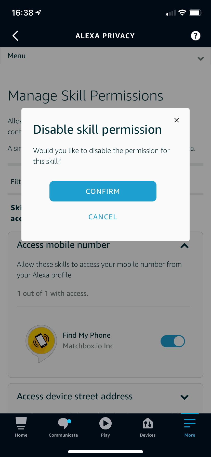 Alexa popup confirming removing skill permission