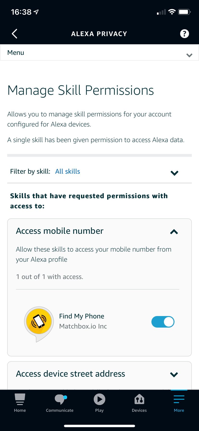 Alexa settings page showing active permissions