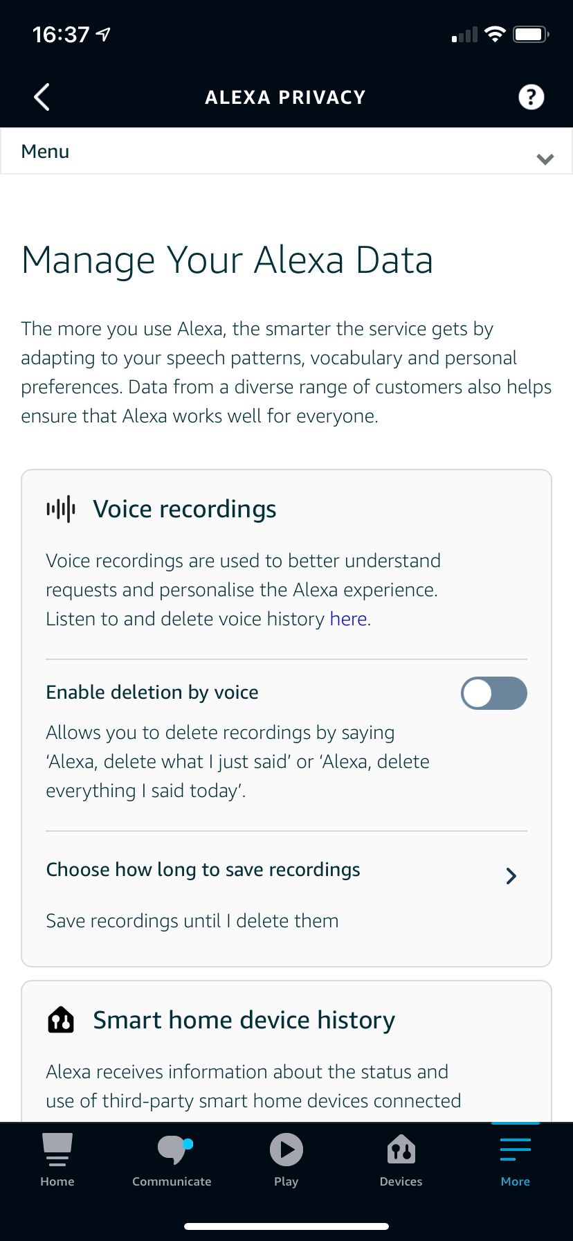 Alexa settings page for managing voice recordings