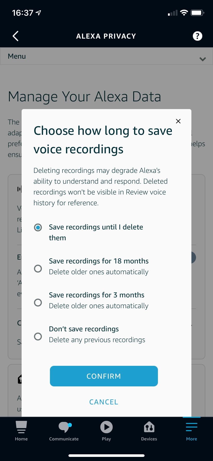 Alexa popup with options for voice recording lengths