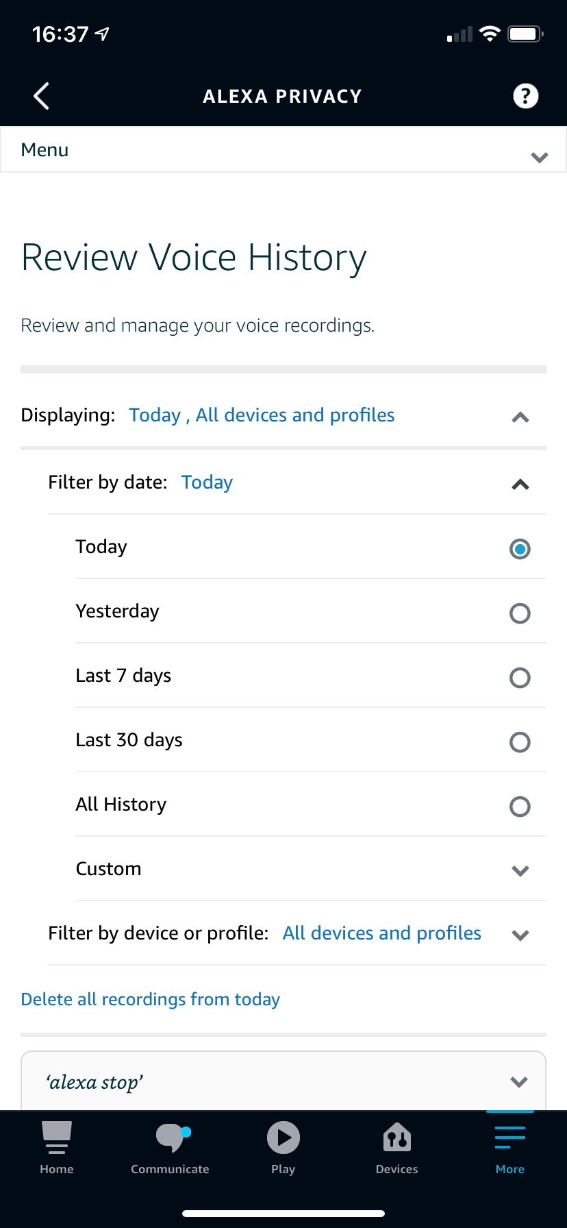 Alexa settings page for reviewing voice recordings