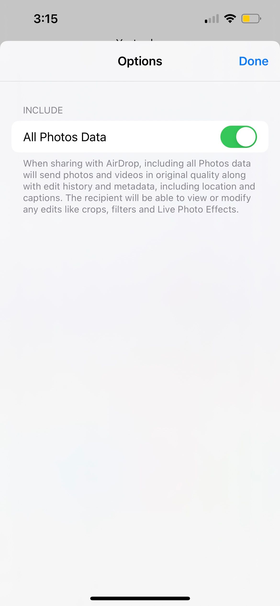 toggle on all photos data for airdrop in iphone