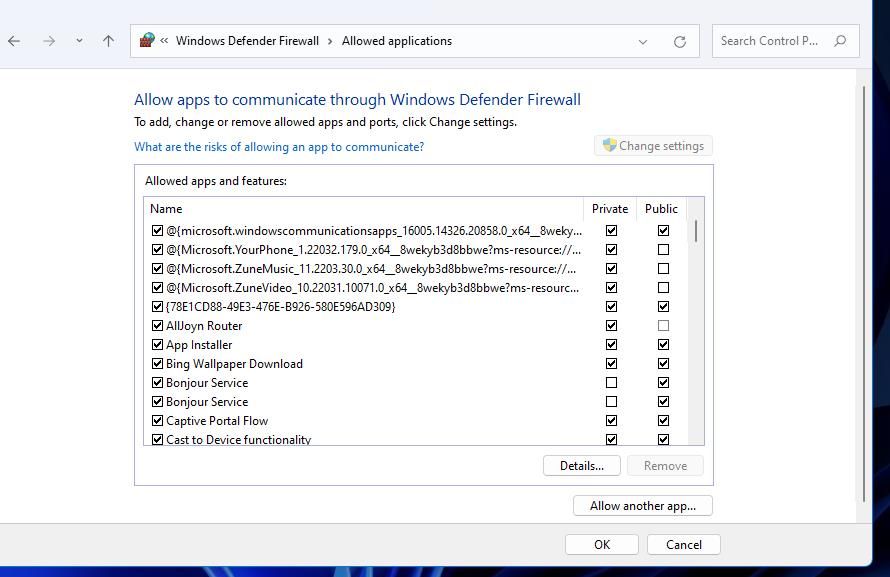 The firewall's allowed apps settings