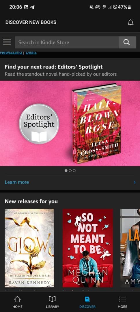 Screenshot showing Kindle's discover page