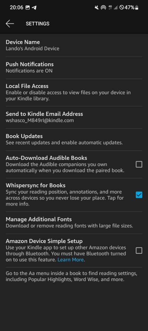 Screenshot showing Kindle's settings