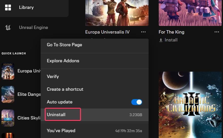 Epic Game Launcher's Uninstall option 