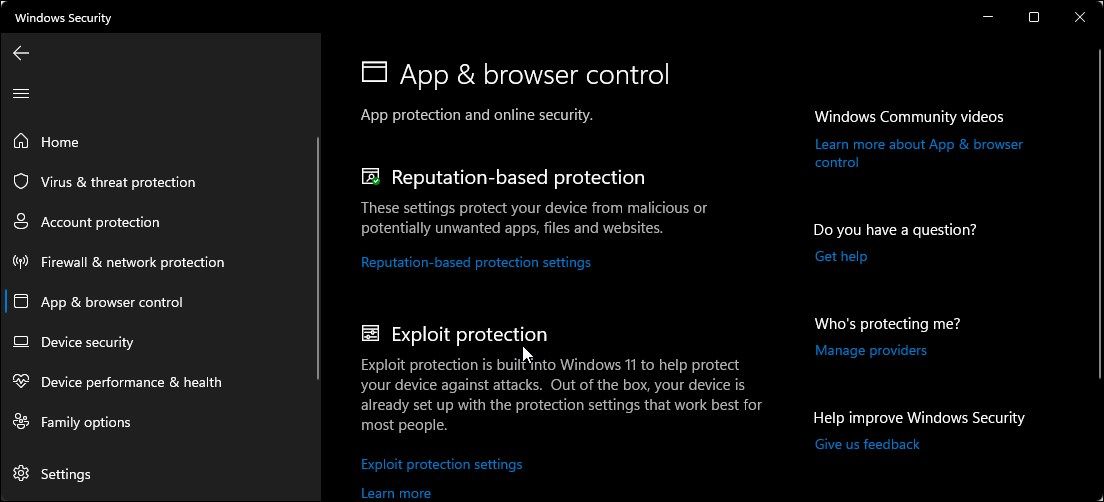 App and browser control windows security