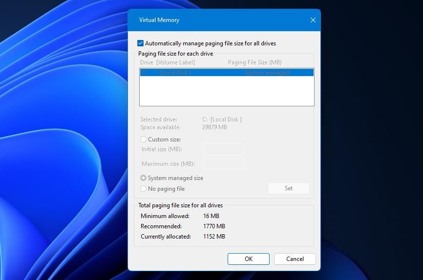 The Automatically manage paging file size for all drives option