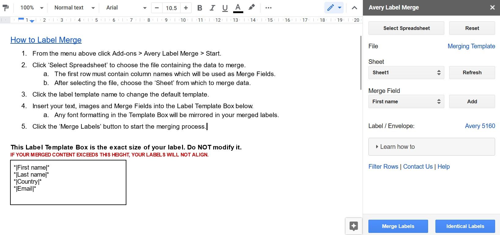 افزونه Avery Label Merge برای Google Docs