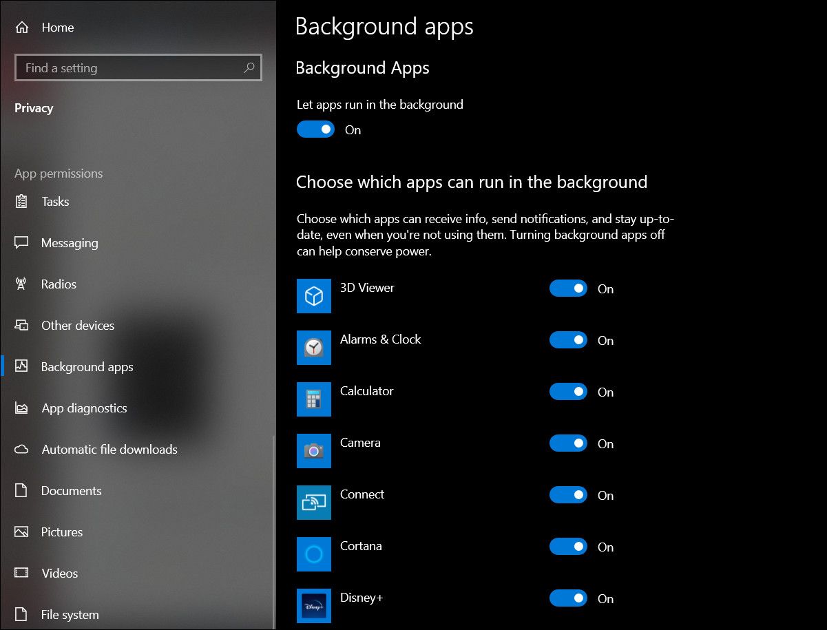 Background app in Windows Settings