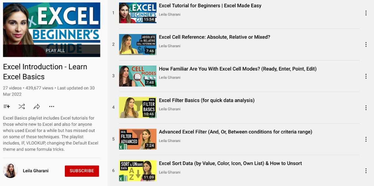Leila Gharani is one of the biggest Excel tutors on YouTube, and her beginner's playlist is a great starting point for newbies