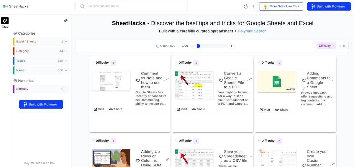 Sheet Hacks is a searchable database of the best Excel tutorials online to look up how to do any task in Excel