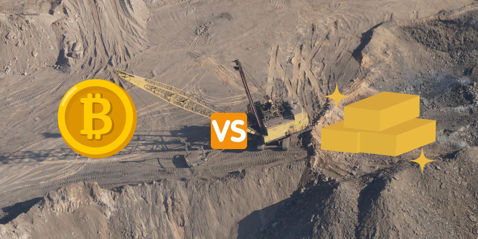 bitcoin logo and gold logo in front of mining quarry
