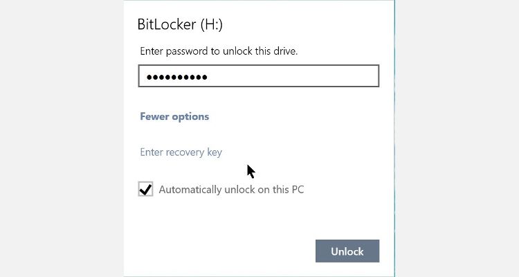 The BitLocker password prompt popup