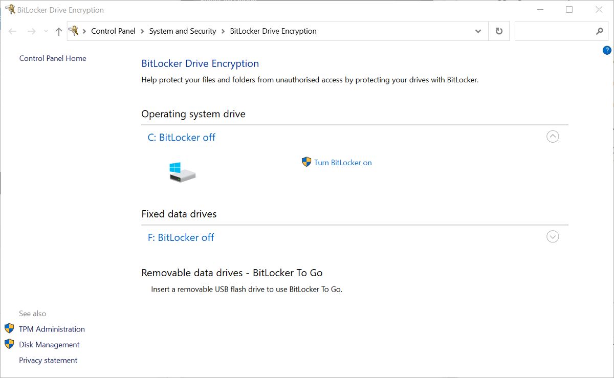The BitLocker settings screen in Windows 10