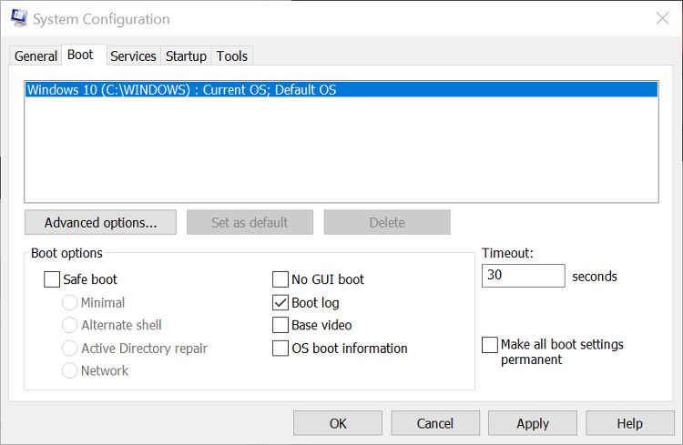 The boot options screen in msconfig on Windows